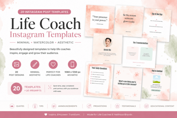 Watercolor Instagram Post Templates for Life Coaches